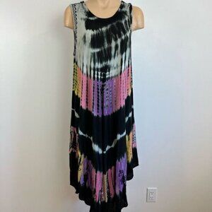 Vintage Sahiba Tie Dye Boho Hippie Kaftan Black Pink Floral Embroidered Dress S